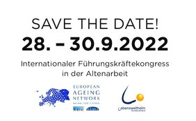 SAVE THE DATE-Flyer: Von 28.-30.09.2022 laden der Lebenswelt Heim-Bundesverband und das European Ageing Network zum Internationalen Managementkongress in der Altenarbeit in das Austria Center nach Wien;