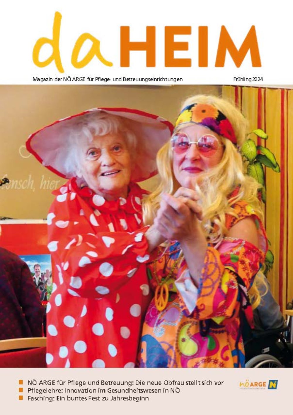 Das Titelbild der Frühjahrs-Ausgabe 2024 zeigt ein tanzendes Paar beim bunten Faschingsnachmittag im PBZ Wilhelmsburg; 